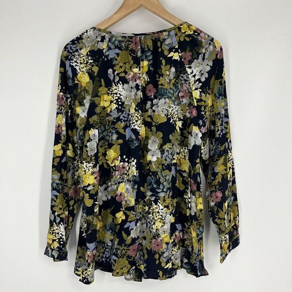 J Jill Top Size Medium Navy Yellow Floral Long Sleeve Button Front Tunic Blouse - Picture 5 of 8